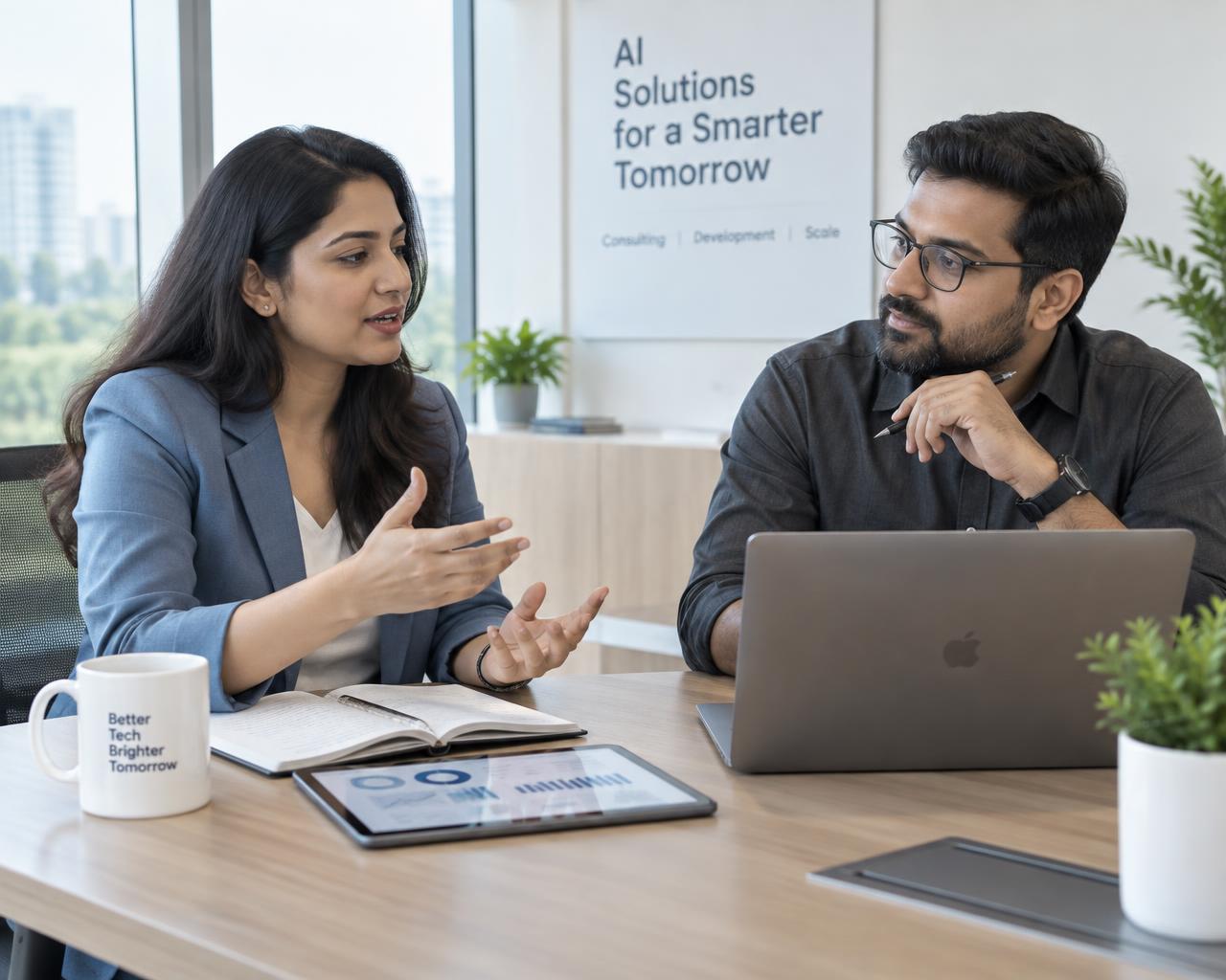 Indian Digital Elite consultants discussing questions with a client during a FAQ briefing