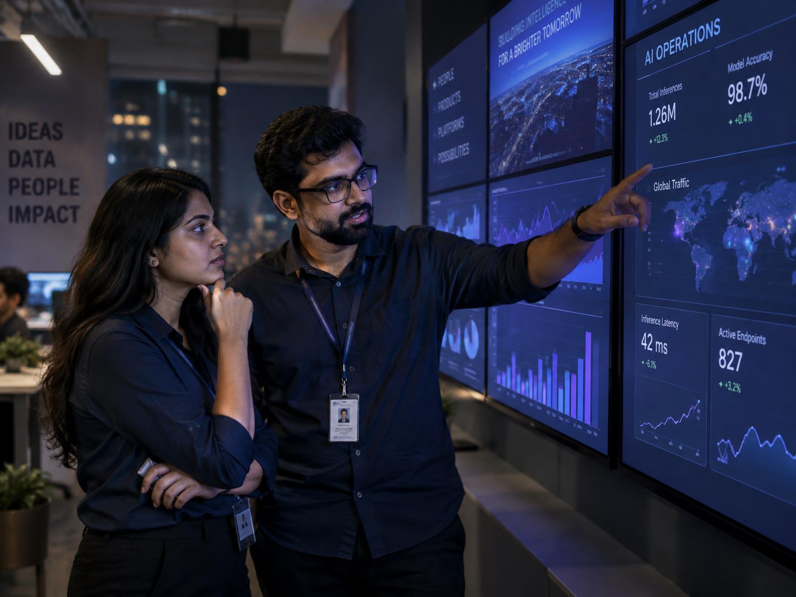Two Indian Digital Elite engineers reviewing live AI dashboards on a wall of screens