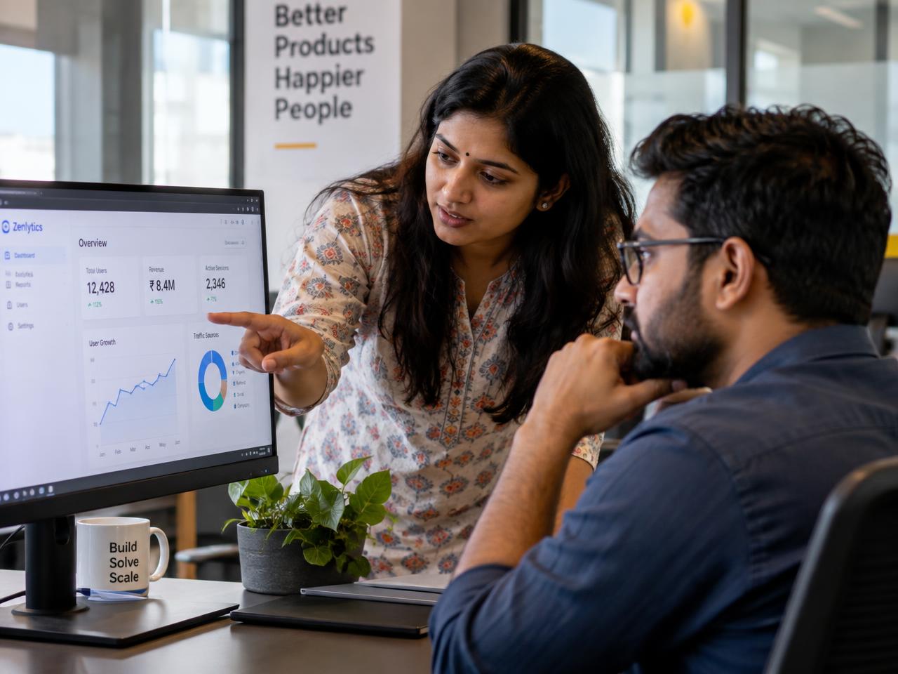 Two Indian colleagues reviewing a live software dashboard on a monitor