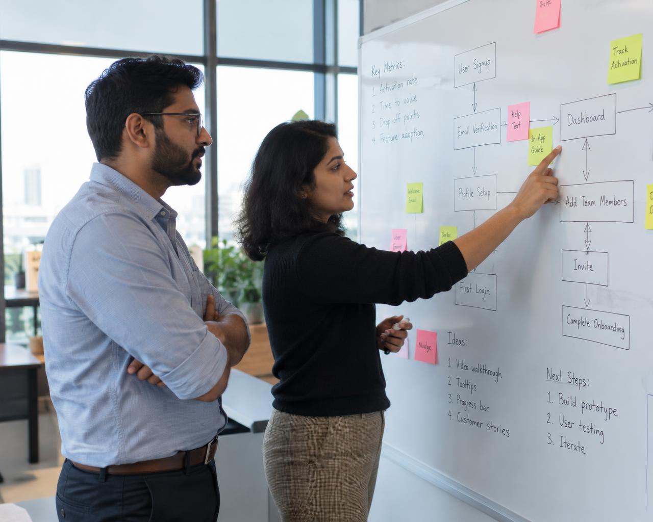 Two Indian colleagues mapping a customer onboarding flow on a whiteboard